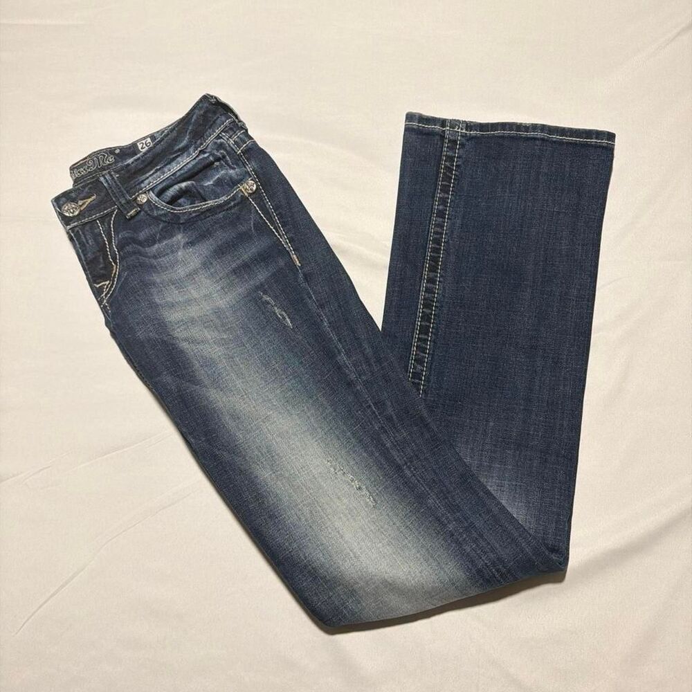Miss Me Bootcut Jeans JP5335B7 Fleur-de-Lis Flap Pockets Rhinestone Women's 26
